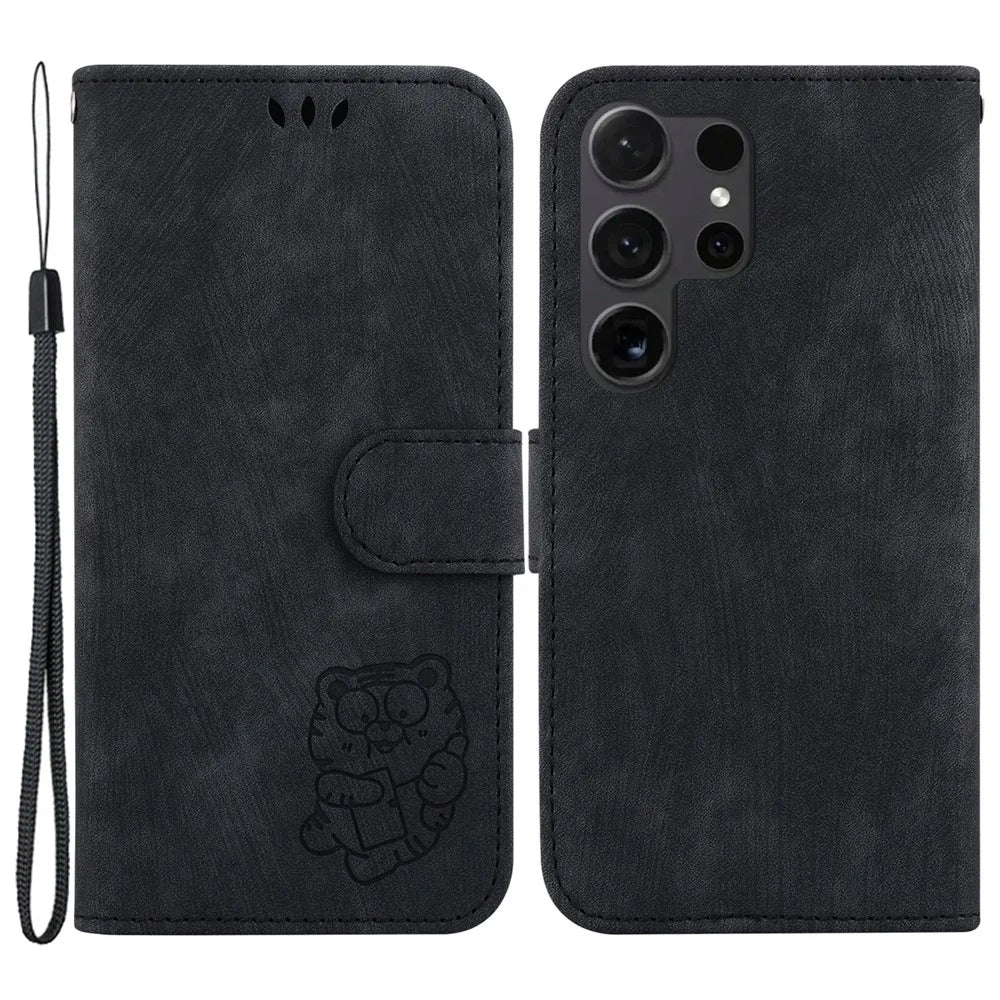 For Samsung Galaxy S24 Ultra Case Lovely Tiger Imprinted PU Leather Flip Cell Phone Cover - Black - 1