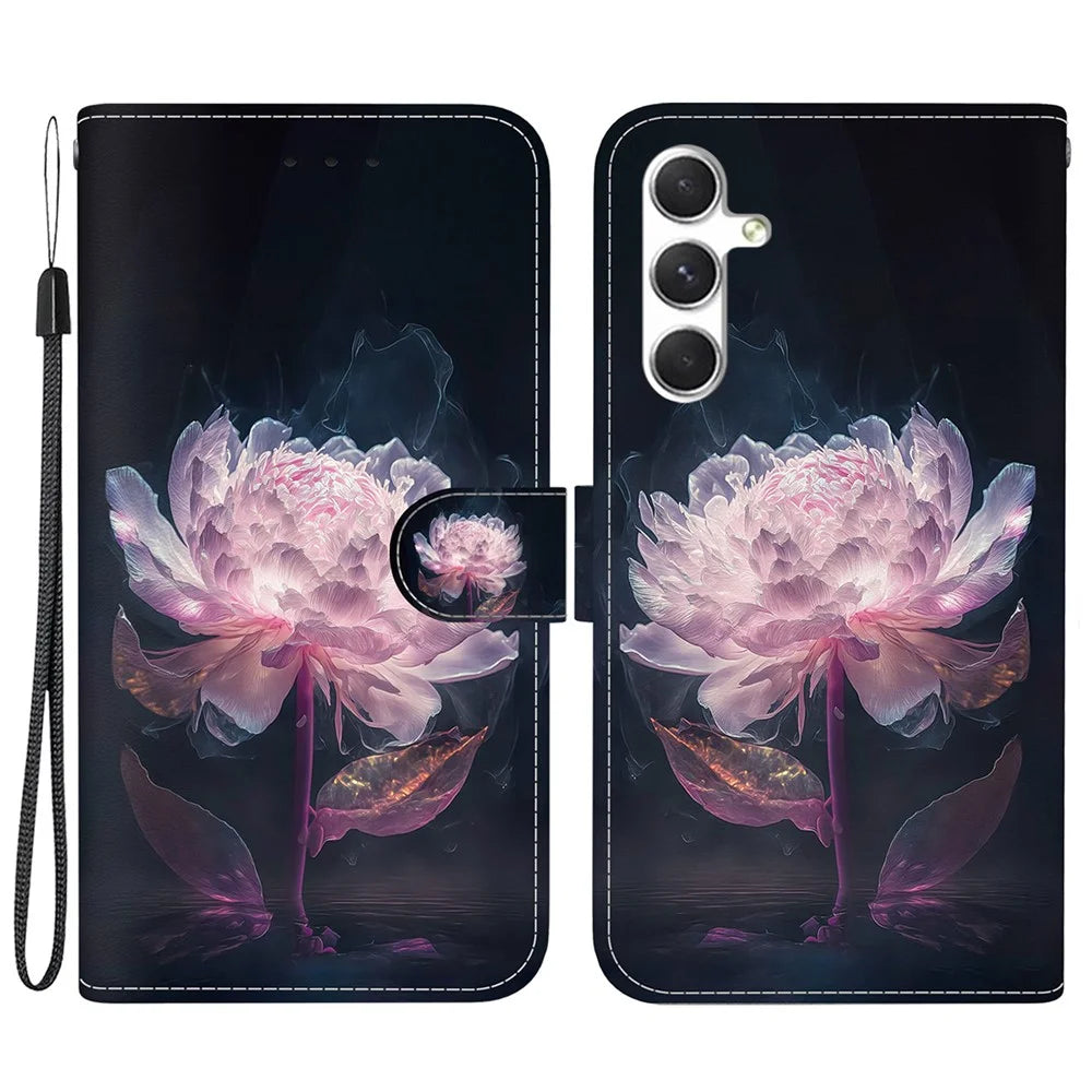 For Samsung Galaxy S24 Case Anti-Drop 3D Pattern PU Leather Phone Cover - Purple Peony - 1