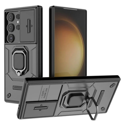 For Samsung Galaxy S24 Ultra Case Anti-Drop PC+TPU Kickstand Cover with Slide Lens Protection - Black - 1
