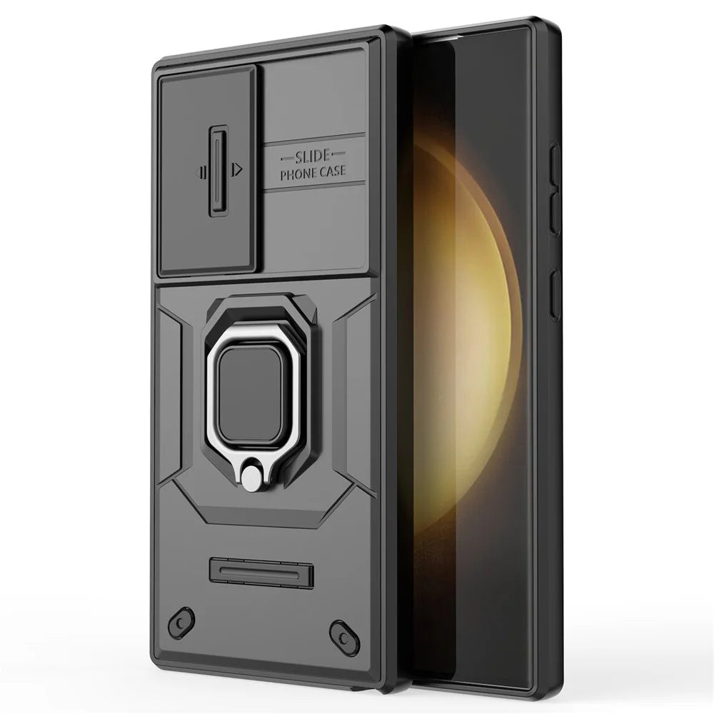 For Samsung Galaxy S24 Ultra Case Anti-Drop PC+TPU Kickstand Cover with Slide Lens Protection - Black - 2