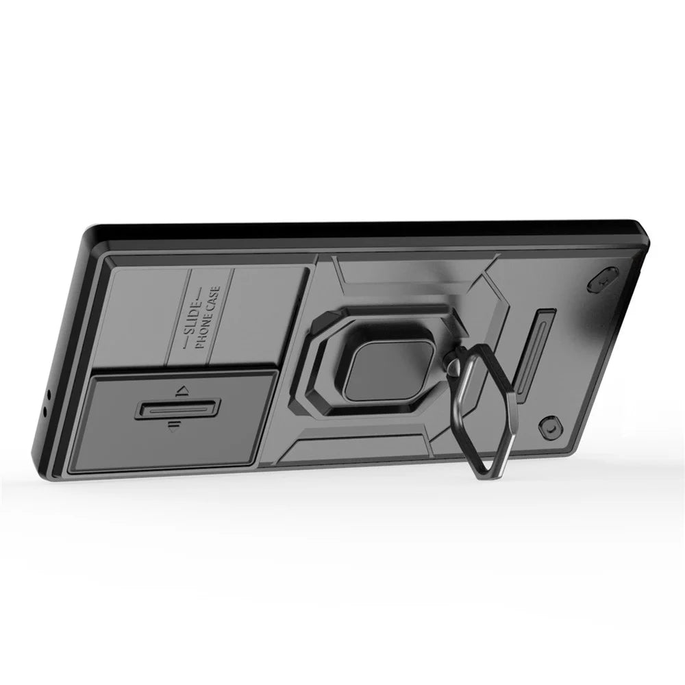For Samsung Galaxy S24 Ultra Case Anti-Drop PC+TPU Kickstand Cover with Slide Lens Protection - Black - 3