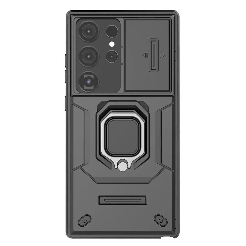 For Samsung Galaxy S24 Ultra Case Anti-Drop PC+TPU Kickstand Cover with Slide Lens Protection - Black - 5