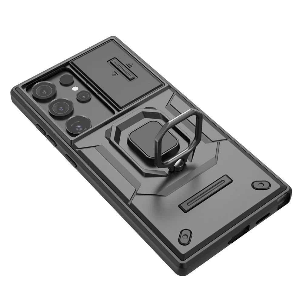 For Samsung Galaxy S24 Ultra Case Anti-Drop PC+TPU Kickstand Cover with Slide Lens Protection - Black - 6