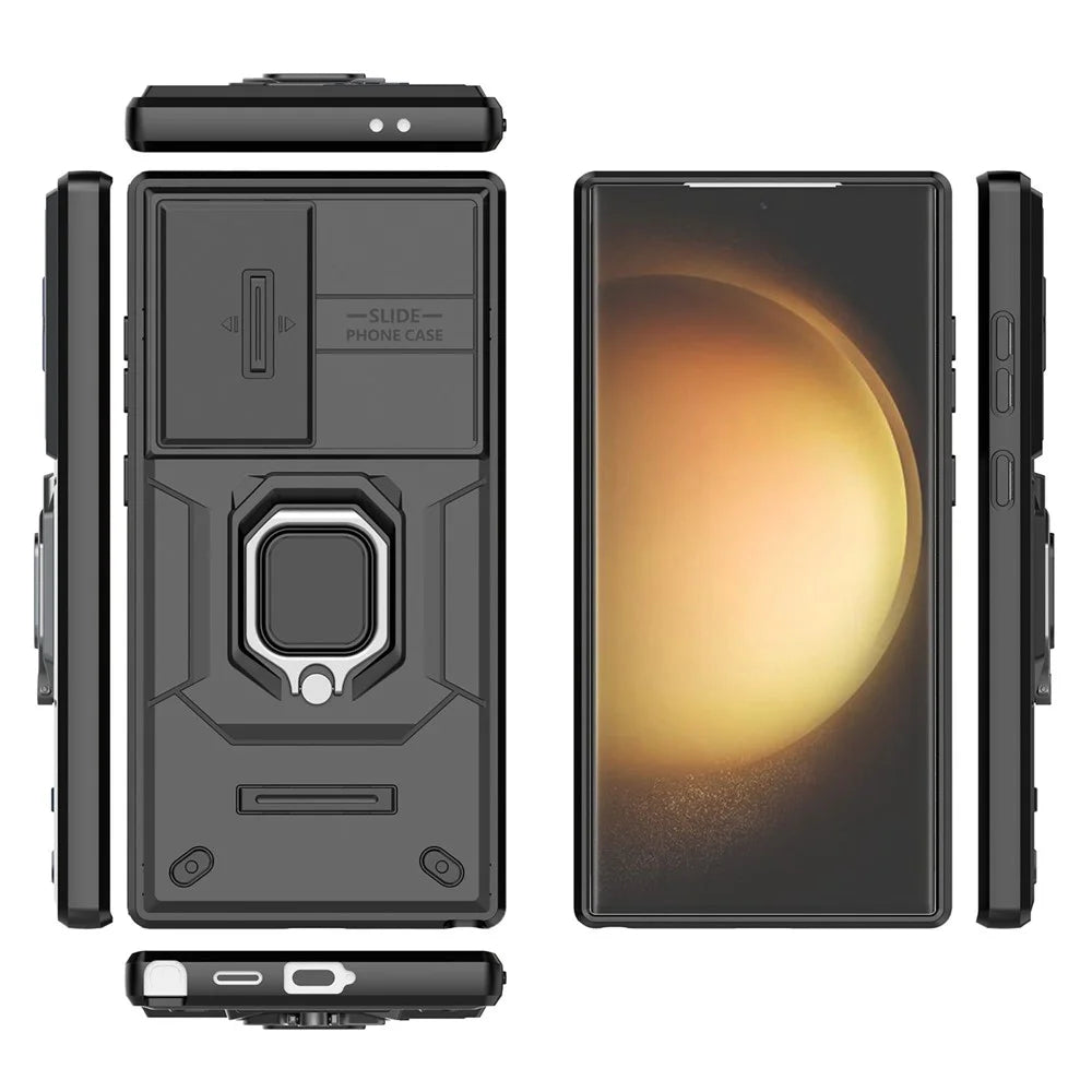 For Samsung Galaxy S24 Ultra Case Anti-Drop PC+TPU Kickstand Cover with Slide Lens Protection - Black - 7
