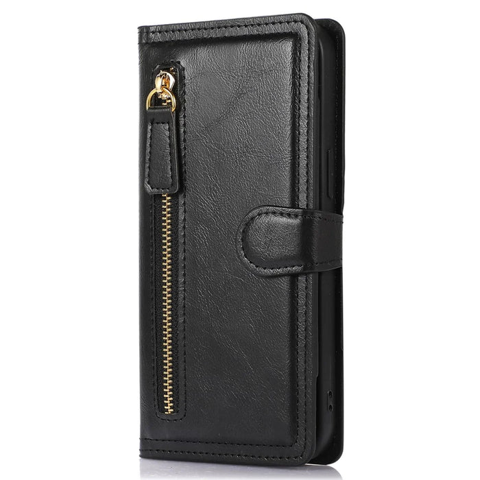For Samsung Galaxy S24 Case Zipper Pocket PU Leather Viewing Stand Phone Cover - Black - 6