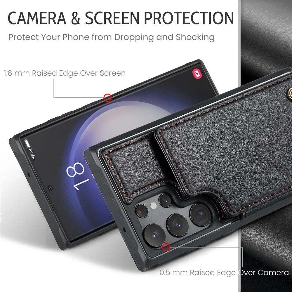For Samsung Galaxy S22 Ultra 5G Phone Case CASEME C22 Leather Back Cover with RFID Blocking Card Slots - Black - 5