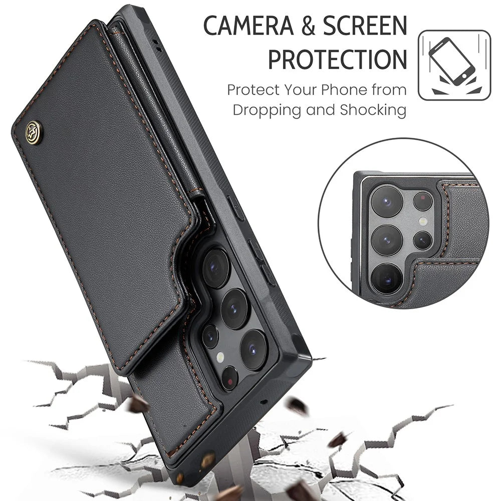 For Samsung Galaxy S22 Ultra 5G Phone Case CASEME C22 Leather Back Cover with RFID Blocking Card Slots - Black - 7