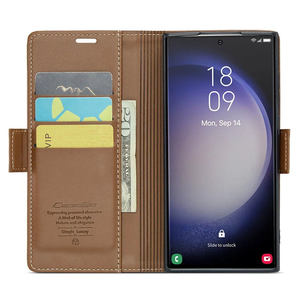CASEME 023 For Samsung Galaxy S24 Ultra Leather Case RFID Blocking 3 Card Slot Mobile Cover - Brown - 2
