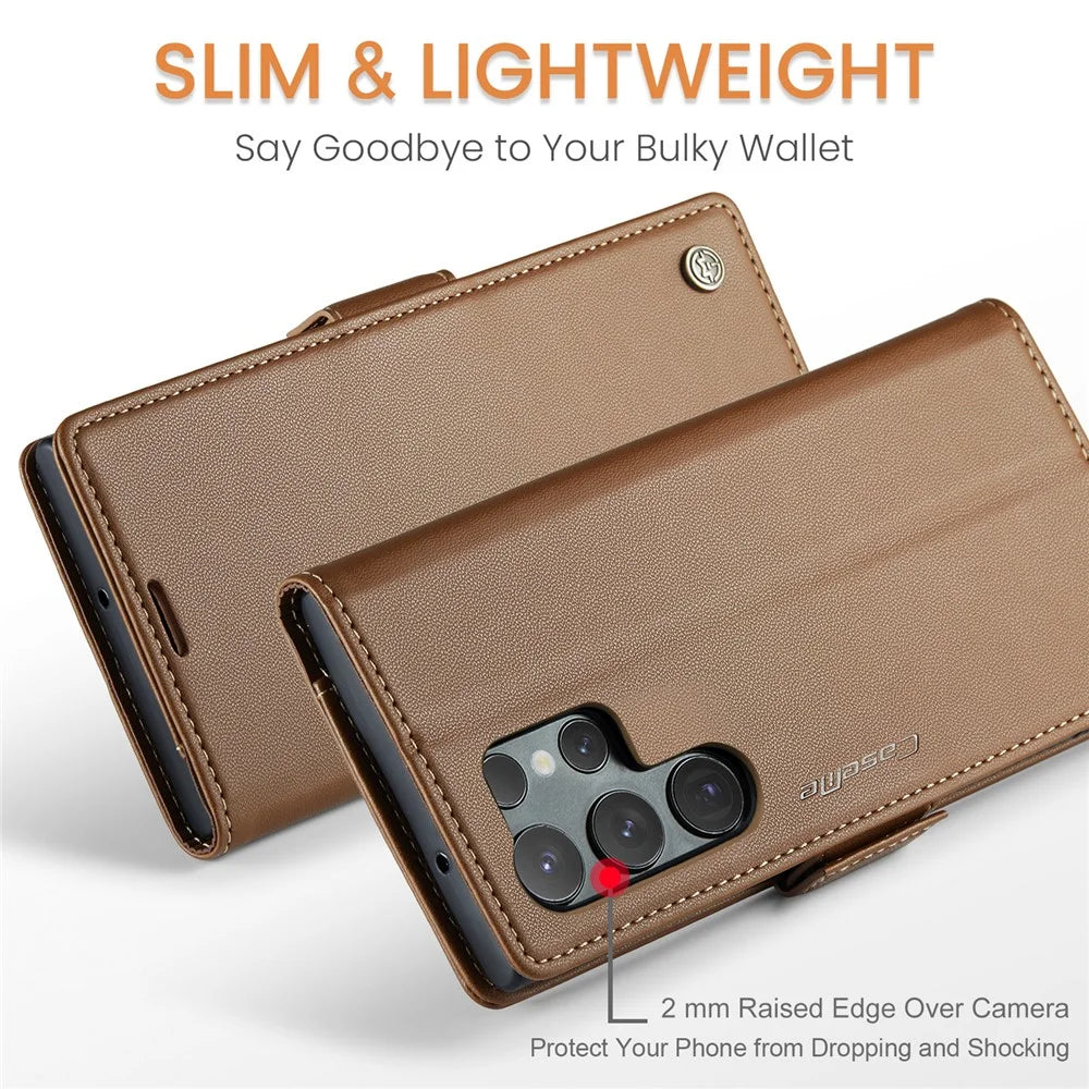 CASEME 023 For Samsung Galaxy S24 Ultra Leather Case RFID Blocking 3 Card Slot Mobile Cover - Brown - 4