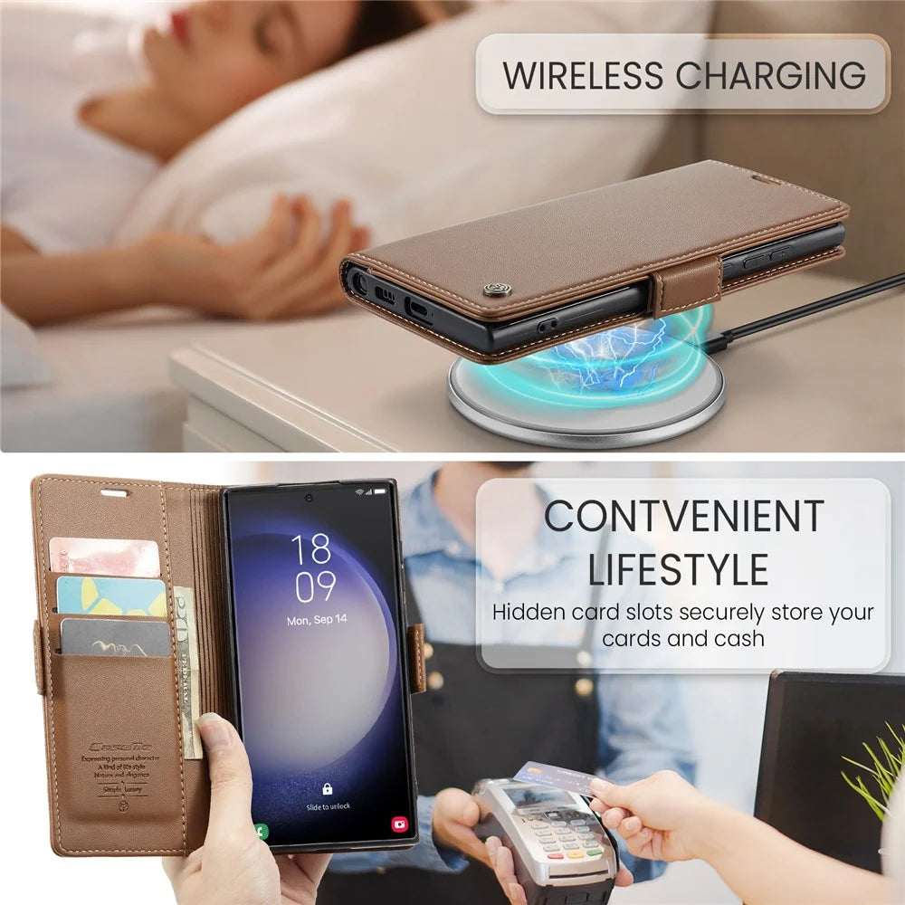 CASEME 023 For Samsung Galaxy S24 Ultra Leather Case RFID Blocking 3 Card Slot Mobile Cover - Brown - 5