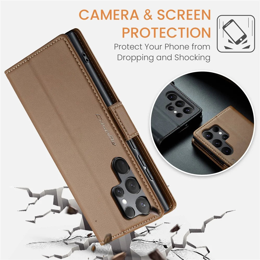 CASEME 023 For Samsung Galaxy S24 Ultra Leather Case RFID Blocking 3 Card Slot Mobile Cover - Brown - 6