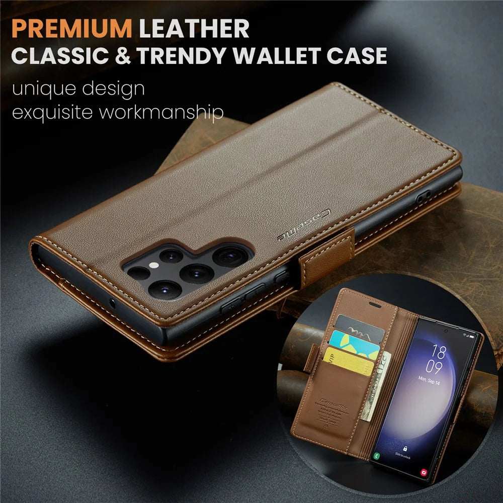 CASEME 023 For Samsung Galaxy S24 Ultra Leather Case RFID Blocking 3 Card Slot Mobile Cover - Brown - 7