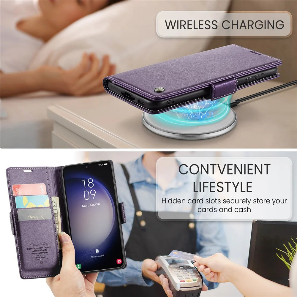For Samsung Galaxy S24 Leather Case CASEME 023 RFID Blocking 3 Card Slot Mobile Cover - Purple - 5
