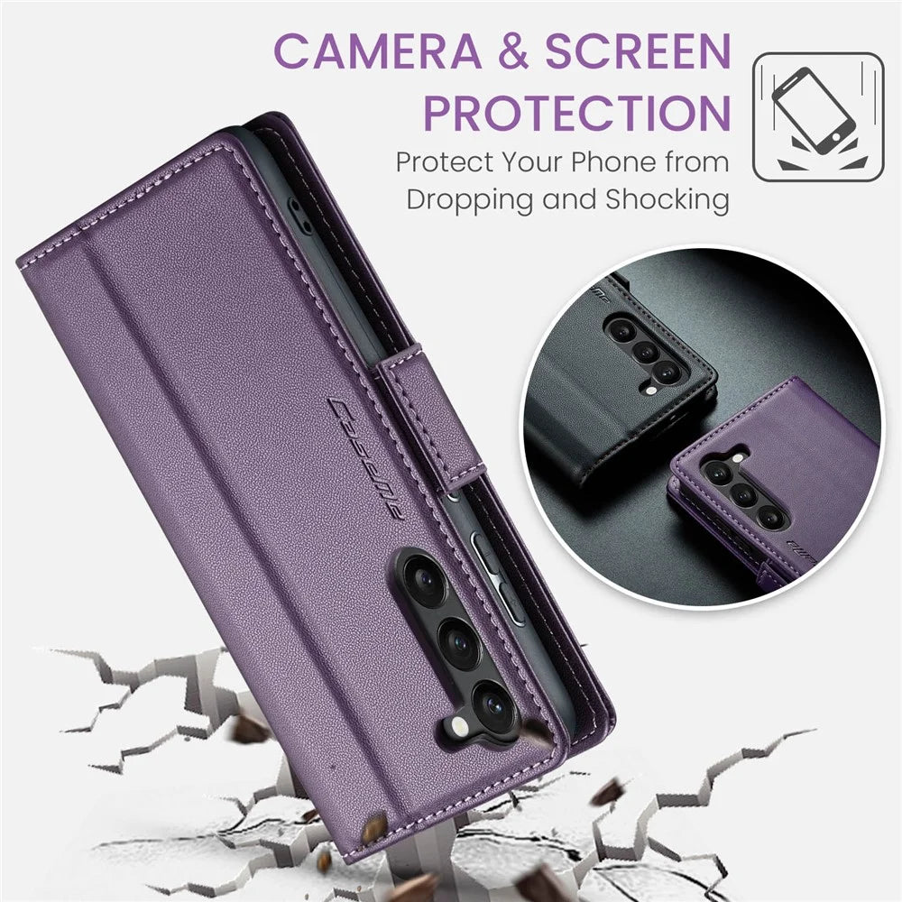 For Samsung Galaxy S24 Leather Case CASEME 023 RFID Blocking 3 Card Slot Mobile Cover - Purple - 6