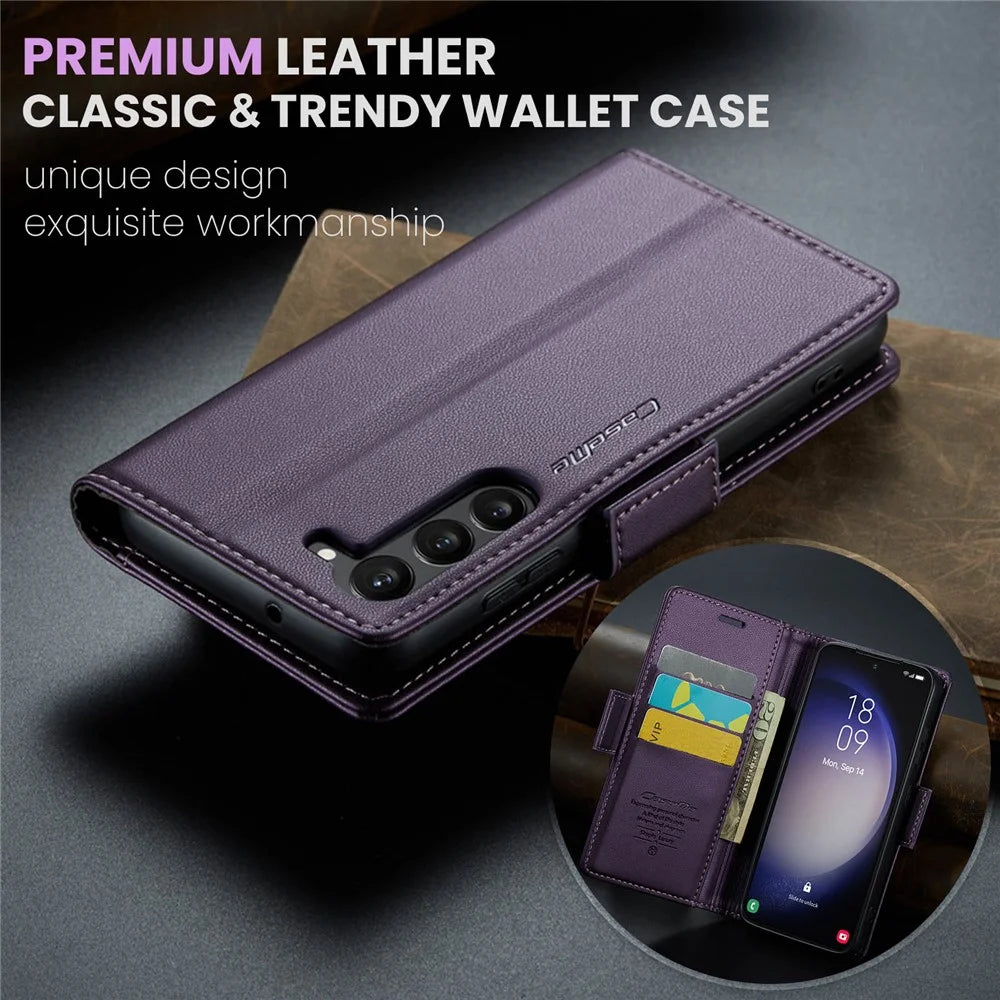 For Samsung Galaxy S24 Leather Case CASEME 023 RFID Blocking 3 Card Slot Mobile Cover - Purple - 7