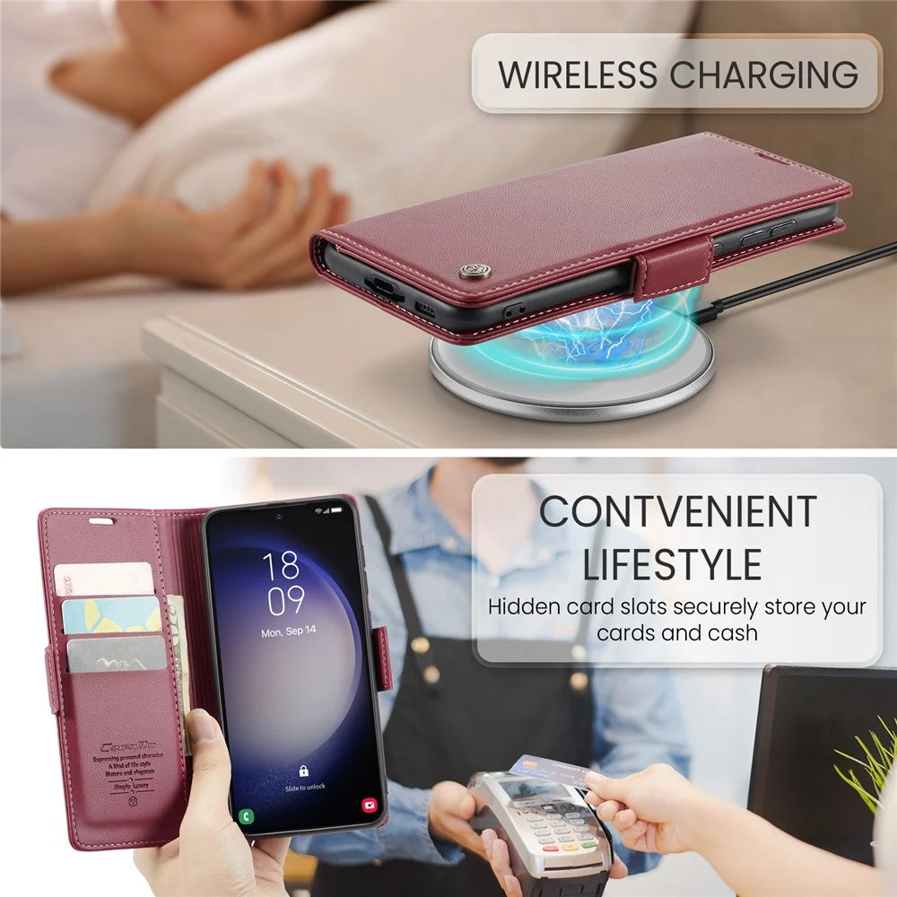For Samsung Galaxy S24+ Leather Case CASEME 023 RFID Blocking 3 Card Slot Mobile Cover - Red - 5