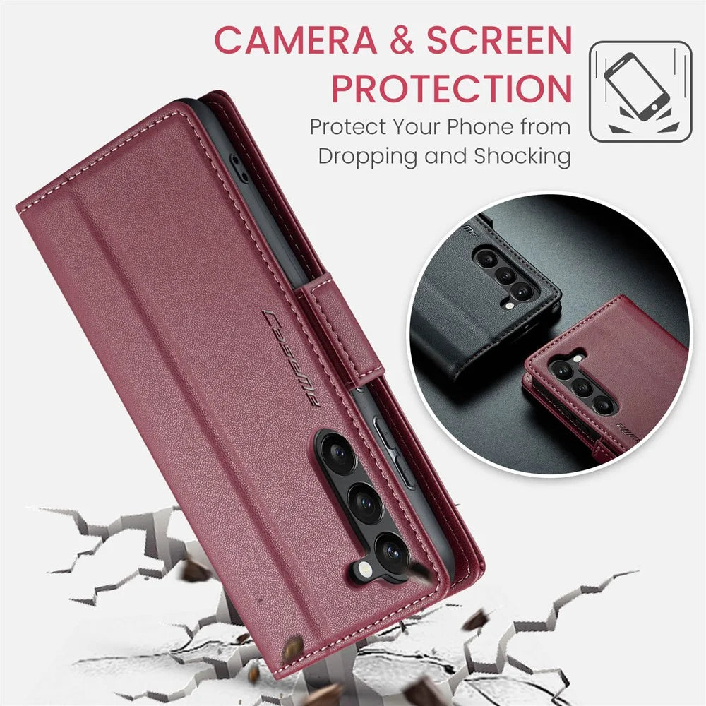 For Samsung Galaxy S24+ Leather Case CASEME 023 RFID Blocking 3 Card Slot Mobile Cover - Red - 6