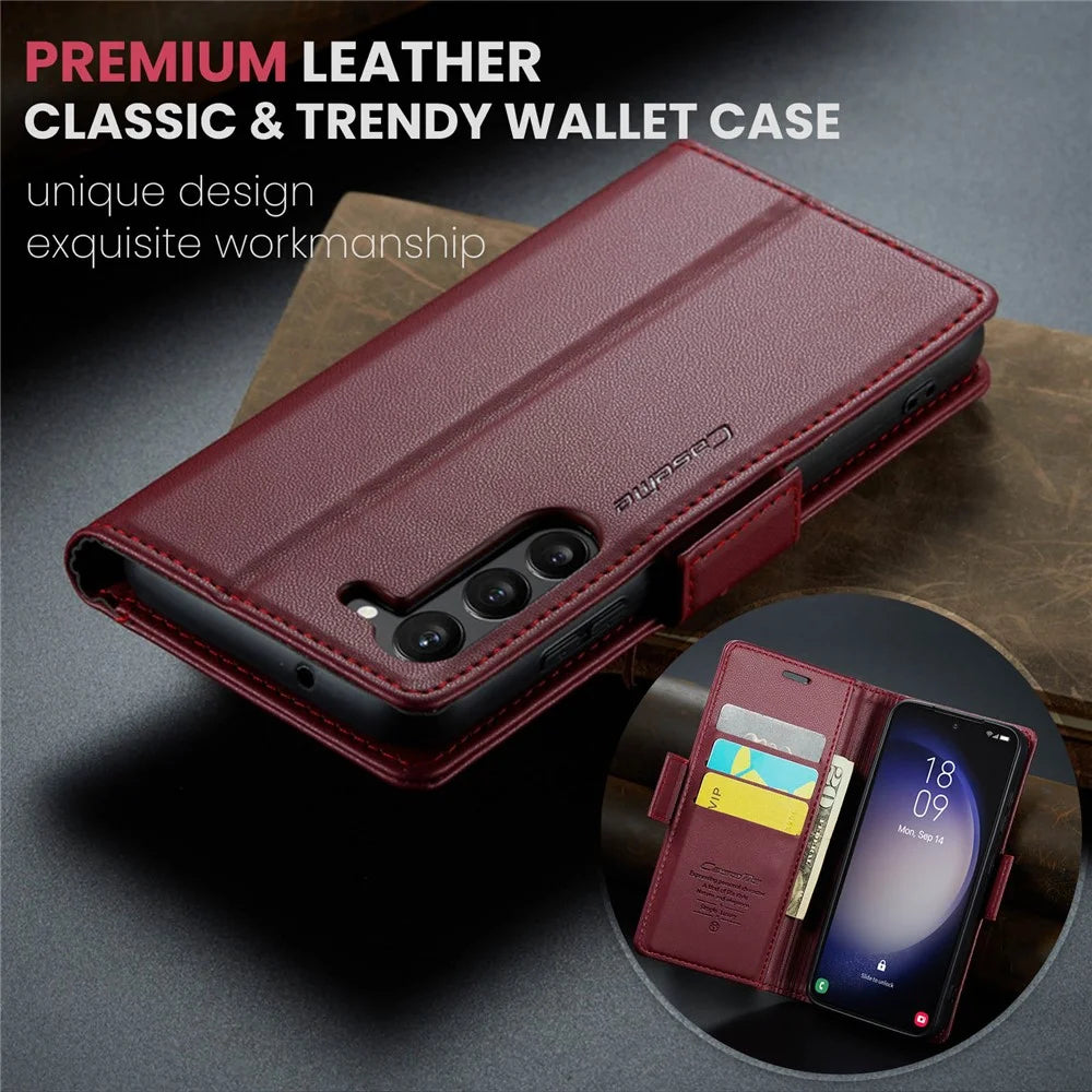 For Samsung Galaxy S24+ Leather Case CASEME 023 RFID Blocking 3 Card Slot Mobile Cover - Red - 7