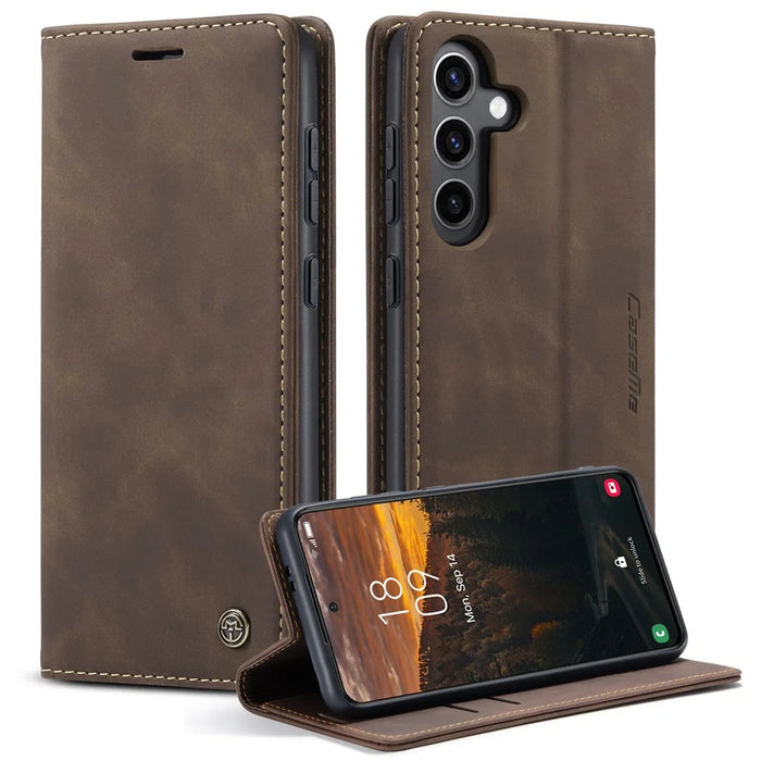 CASEME 013 Series For Samsung Galaxy S24 Case Anti-drop PU Leather Stand Cellphone Protector - Coffee - 1