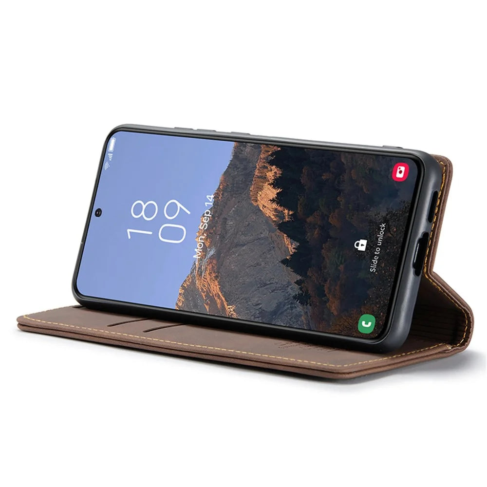 CASEME 013 Series For Samsung Galaxy S24 Case Anti-drop PU Leather Stand Cellphone Protector - Coffee - 3
