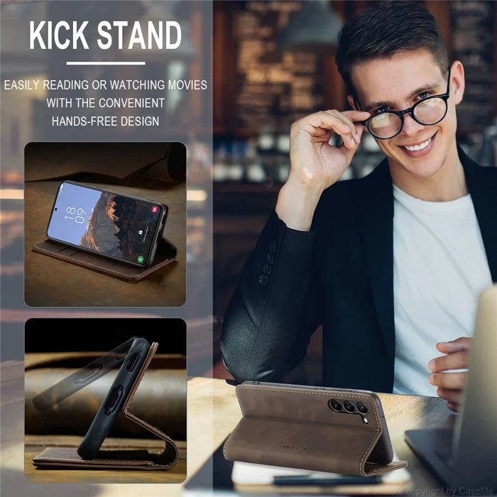 CASEME 013 Series For Samsung Galaxy S24 Case Anti-drop PU Leather Stand Cellphone Protector - Coffee - 6