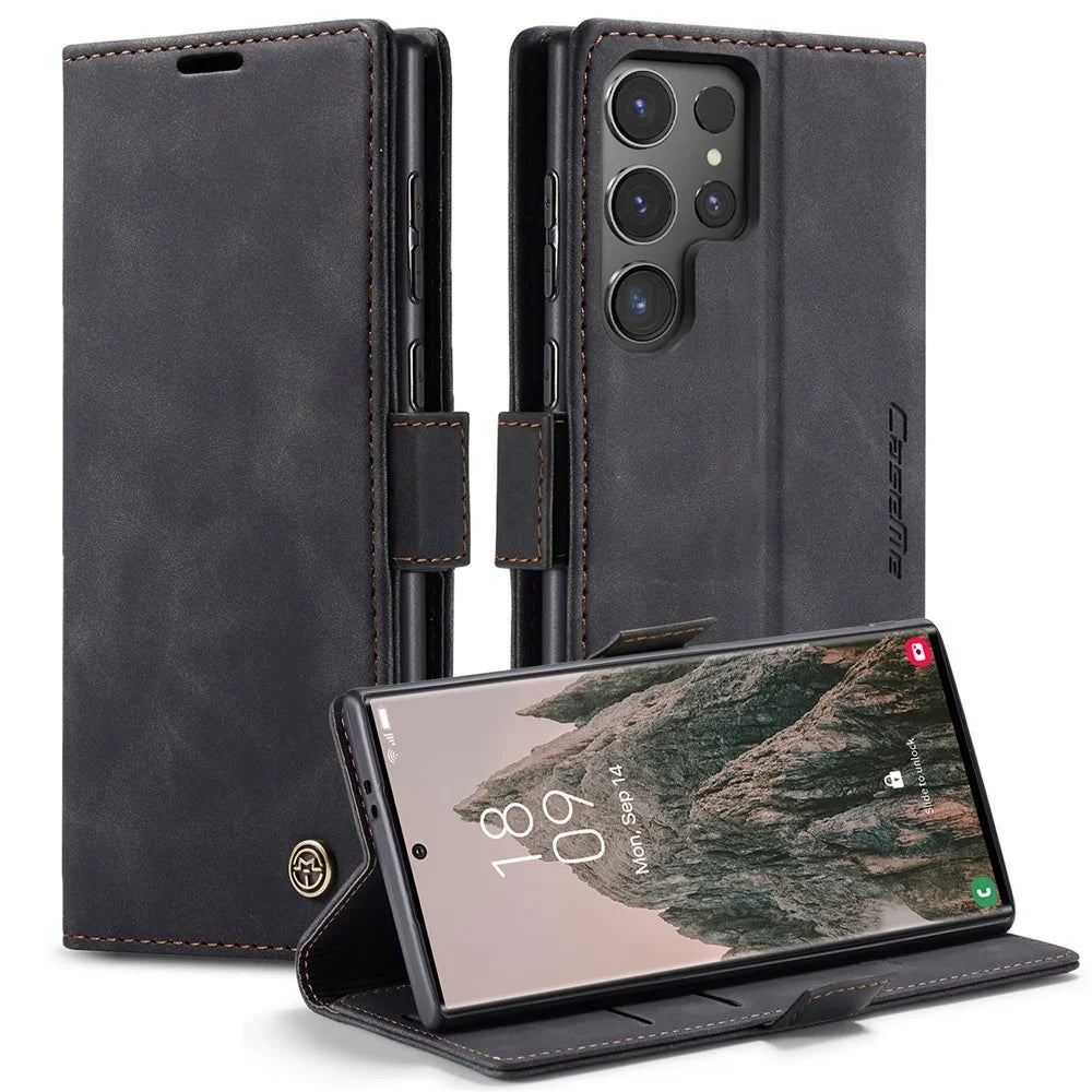 CASEME 013 Series For Samsung Galaxy S24 Ultra Phone Case Anti-fall PU Leather Folio Stand Cover - Black - 1