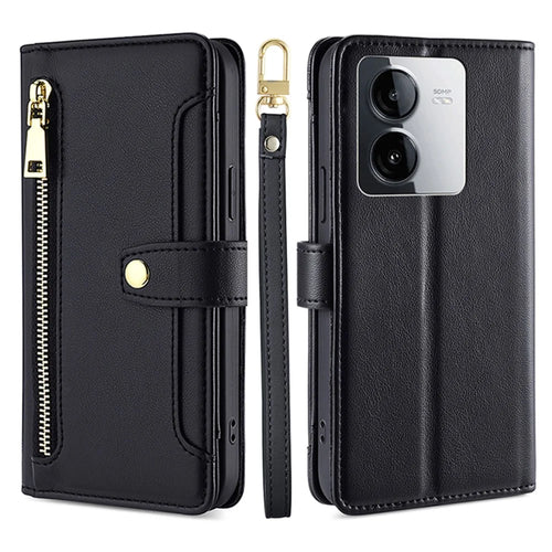 For vivo iQOO Z8x 5G / Y78t 5G Case Zipper Pocket Leather Phone Cover with 2 Straps - Black - 1