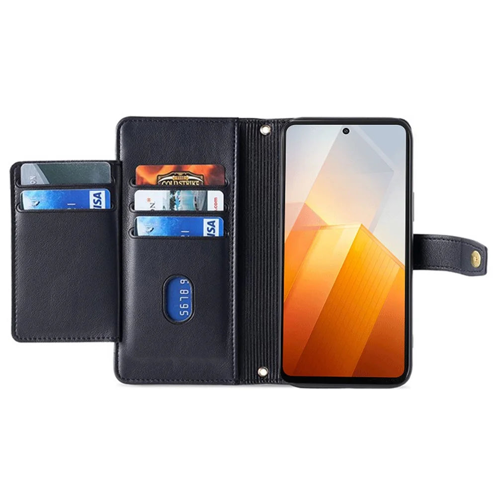 For vivo iQOO Z8x 5G / Y78t 5G Case Zipper Pocket Leather Phone Cover with 2 Straps - Black - 2