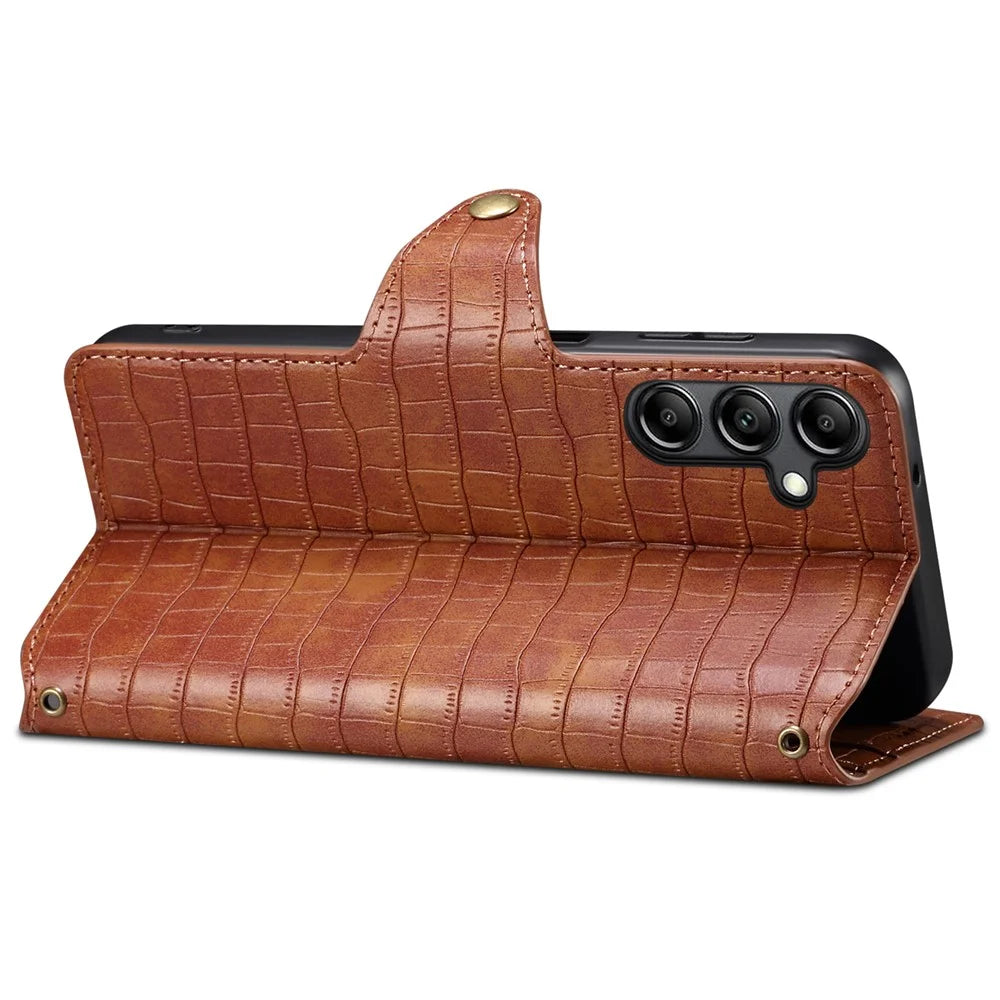For Samsung Galaxy S23 FE Case Crocodile Texture Stand Full Protection Cover - Brown - 3