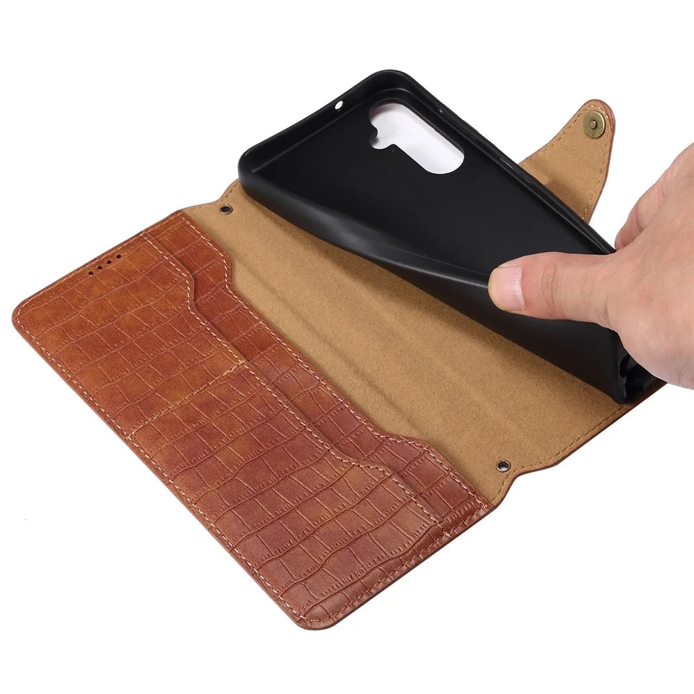 For Samsung Galaxy S23 FE Case Crocodile Texture Stand Full Protection Cover - Brown - 4