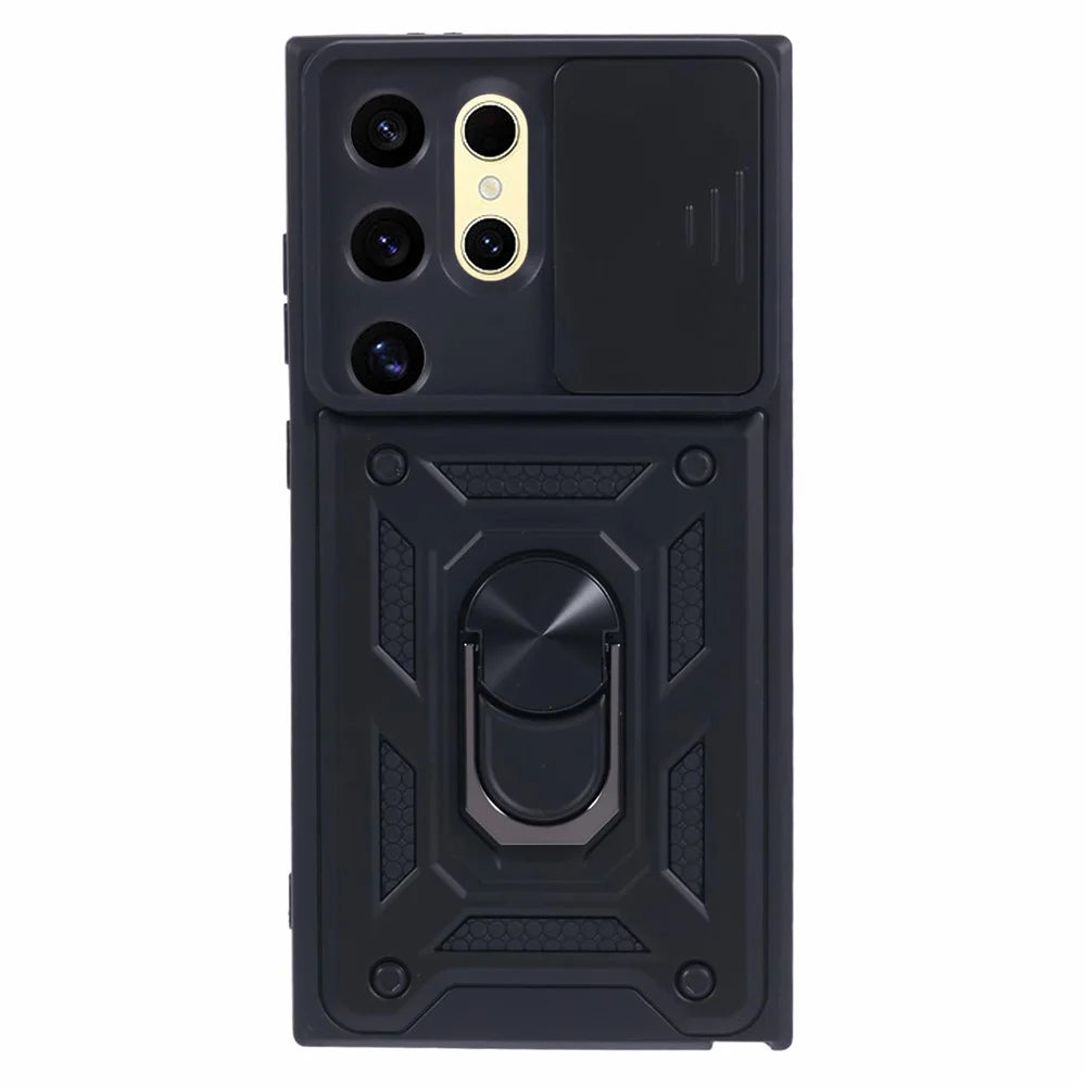 For Samsung Galaxy S24 Ultra Case Kickstand Phone Cover with Slide Lens Protection - Black - 1