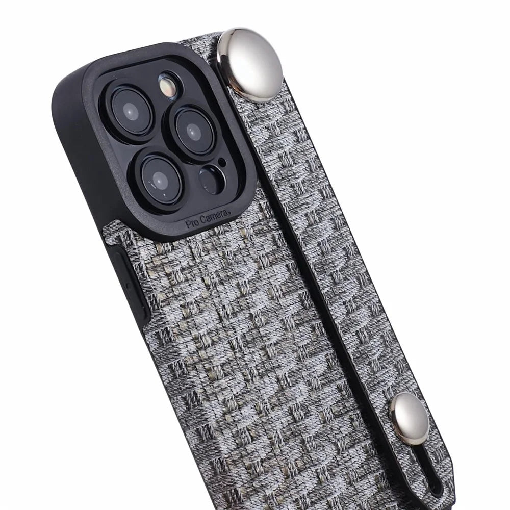 For iPhone 14 Pro Cover Wristband Anti-fall Cloth Coated TPU Cell Phone Case - Black - 6