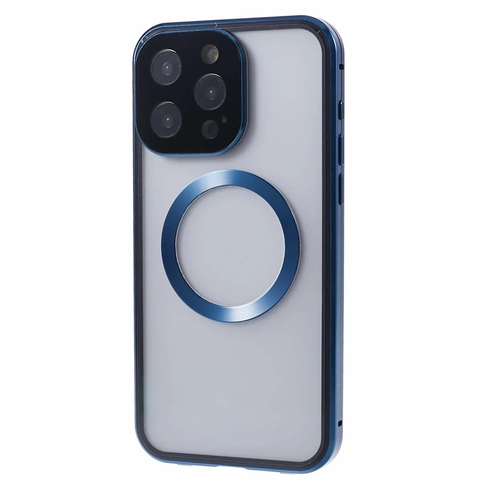 For iPhone 15 Pro Max Case Compatible with MagSafe Tempered Glass Metal Frame Anti-Spy Phone Protector - Dark Blue - 2