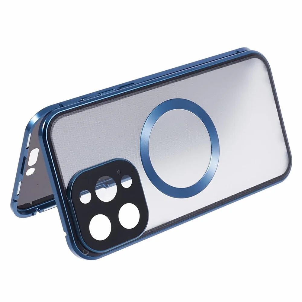For iPhone 15 Pro Max Case Compatible with MagSafe Tempered Glass Metal Frame Anti-Spy Phone Protector - Dark Blue - 5