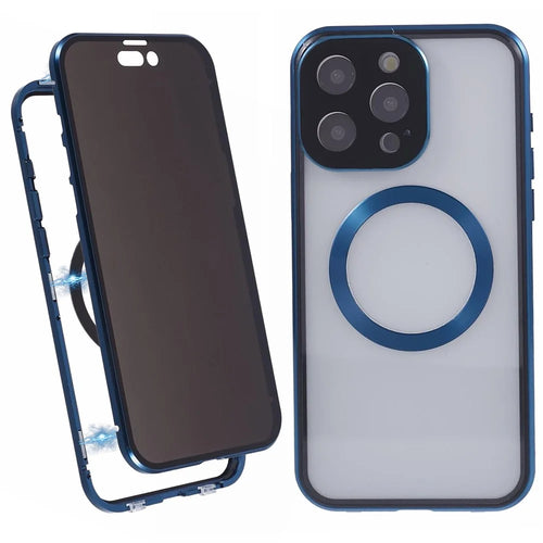 For iPhone 14 Pro Anti-Spy Case Tempered Glass Metal Shockproof Phone Case Compatible with MagSafe - Dark Blue - 1