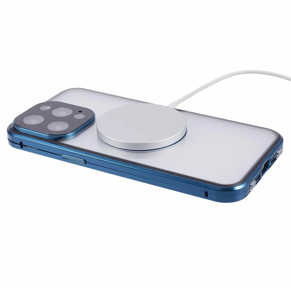 For iPhone 14 Pro Anti-Spy Case Tempered Glass Metal Shockproof Phone Case Compatible with MagSafe - Dark Blue - 6