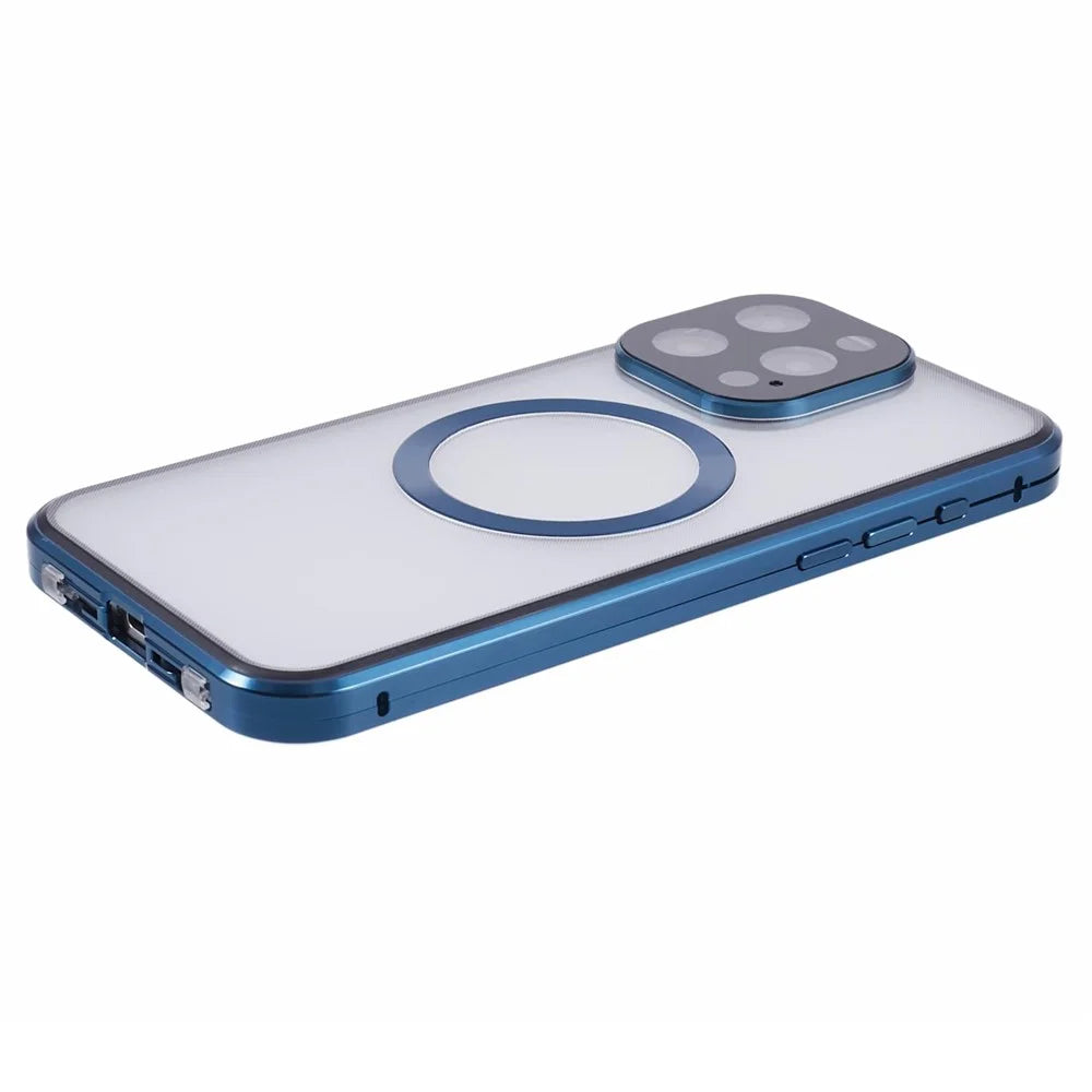 For iPhone 14 Pro Anti-Spy Case Tempered Glass Metal Shockproof Phone Case Compatible with MagSafe - Dark Blue - 7