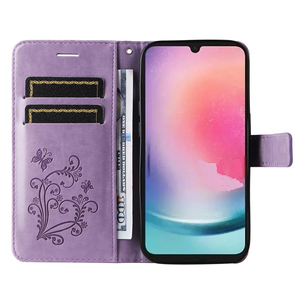 For Samsung Galaxy A25 5G (Global) Wallet Case Floral Butterfly Imprinted Leather Phone Cover Stand - Purple - 2