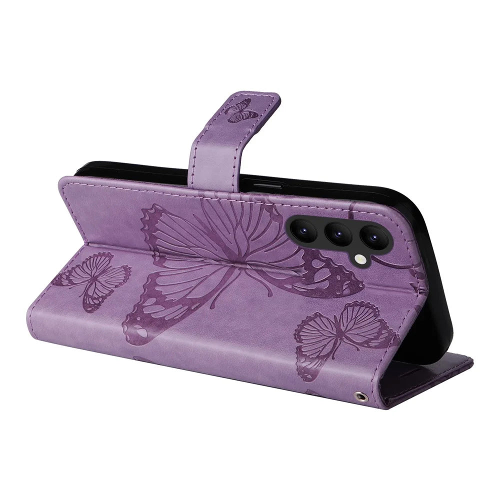 For Samsung Galaxy A25 5G (Global) Wallet Case Floral Butterfly Imprinted Leather Phone Cover Stand - Purple - 3