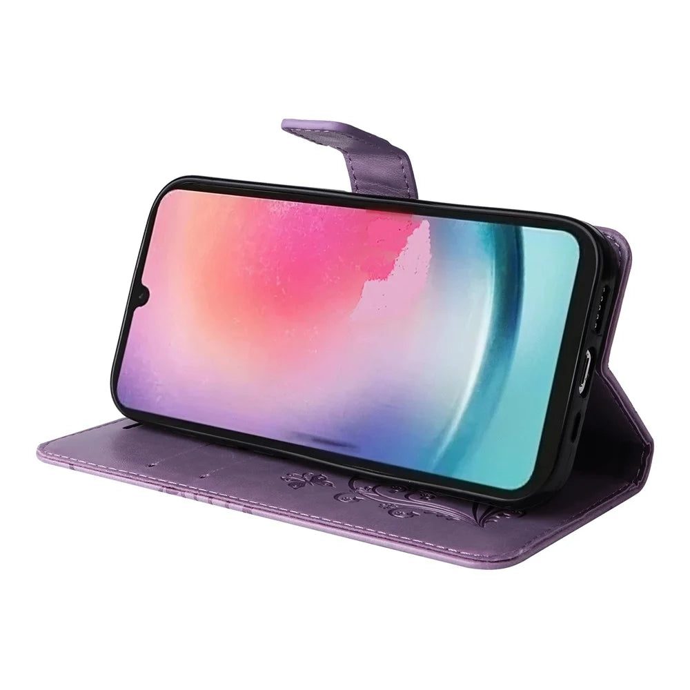 For Samsung Galaxy A25 5G (Global) Wallet Case Floral Butterfly Imprinted Leather Phone Cover Stand - Purple - 4