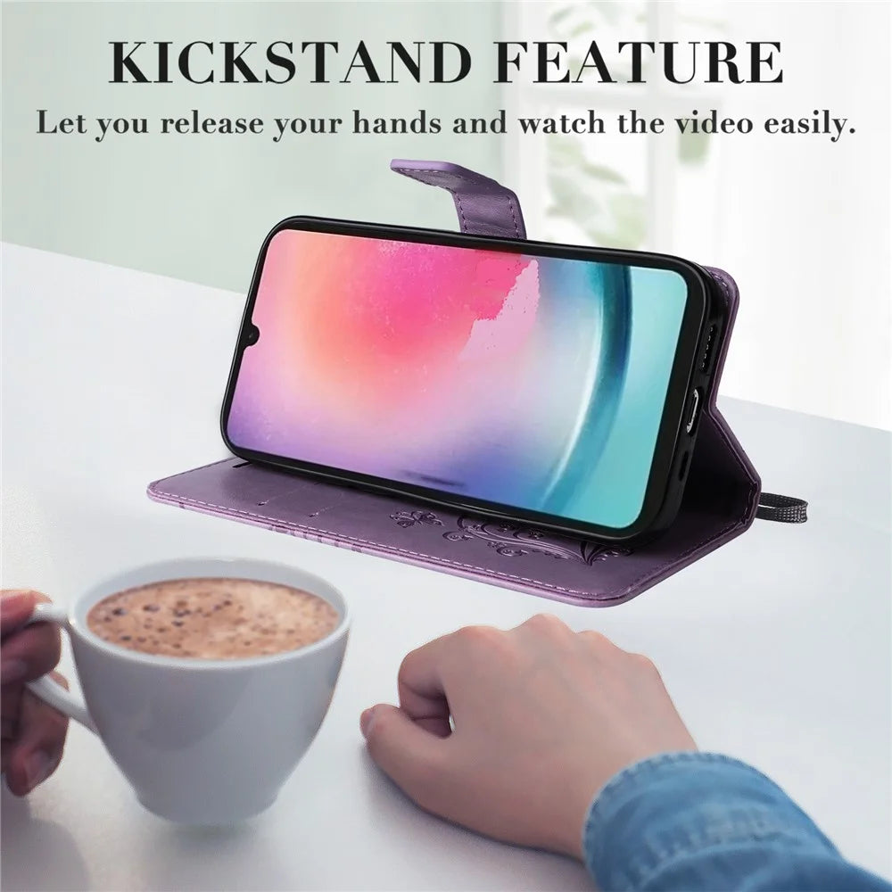 For Samsung Galaxy A25 5G (Global) Wallet Case Floral Butterfly Imprinted Leather Phone Cover Stand - Purple - 6