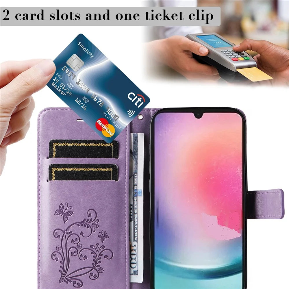 For Samsung Galaxy A25 5G (Global) Wallet Case Floral Butterfly Imprinted Leather Phone Cover Stand - Purple - 7
