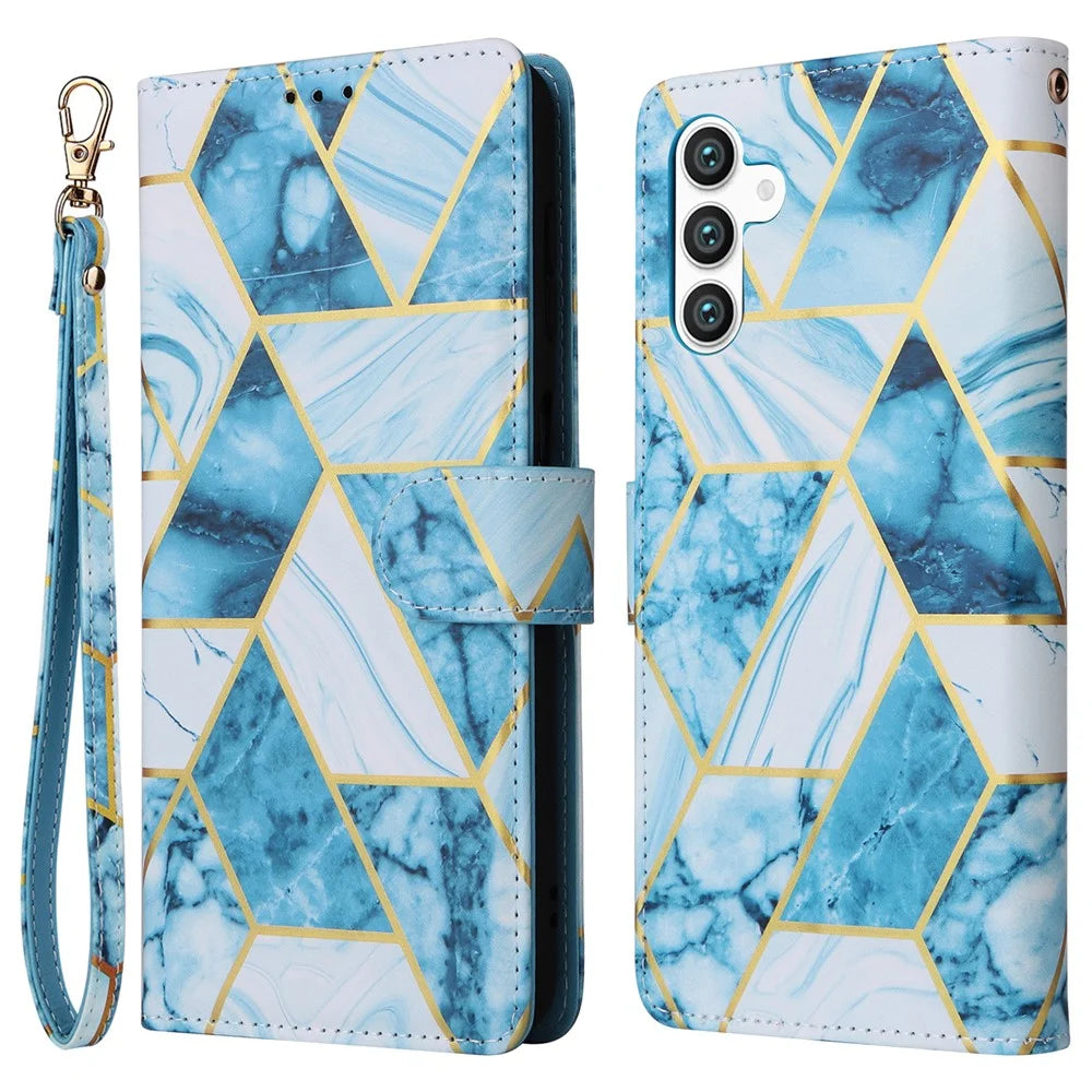 For Samsung Galaxy S24 Case PU Leather Marble Pattern Phone Wallet Cover - Blue - 1