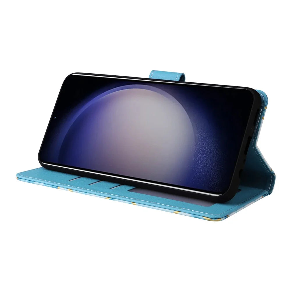 For Samsung Galaxy S24 Case PU Leather Marble Pattern Phone Wallet Cover - Blue - 3