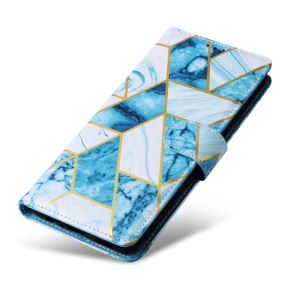 For Samsung Galaxy S24 Case PU Leather Marble Pattern Phone Wallet Cover - Blue - 5
