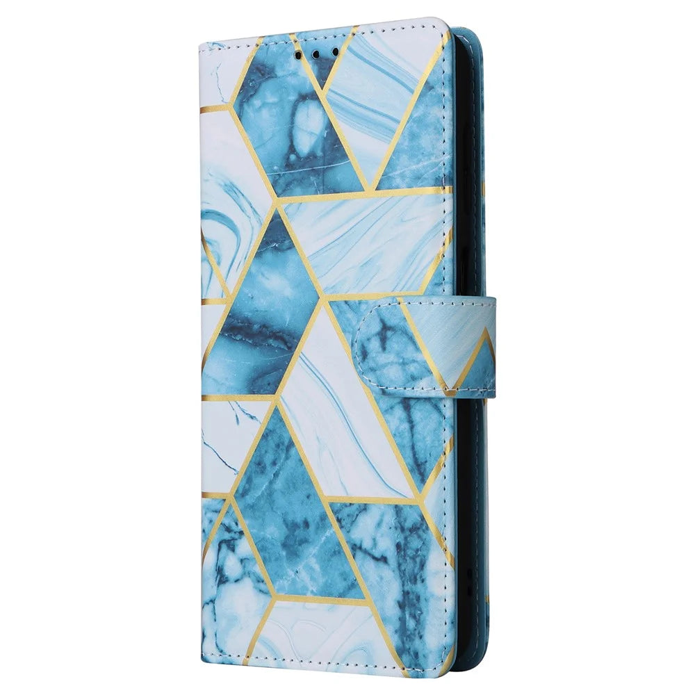 For Samsung Galaxy S24 Case PU Leather Marble Pattern Phone Wallet Cover - Blue - 6