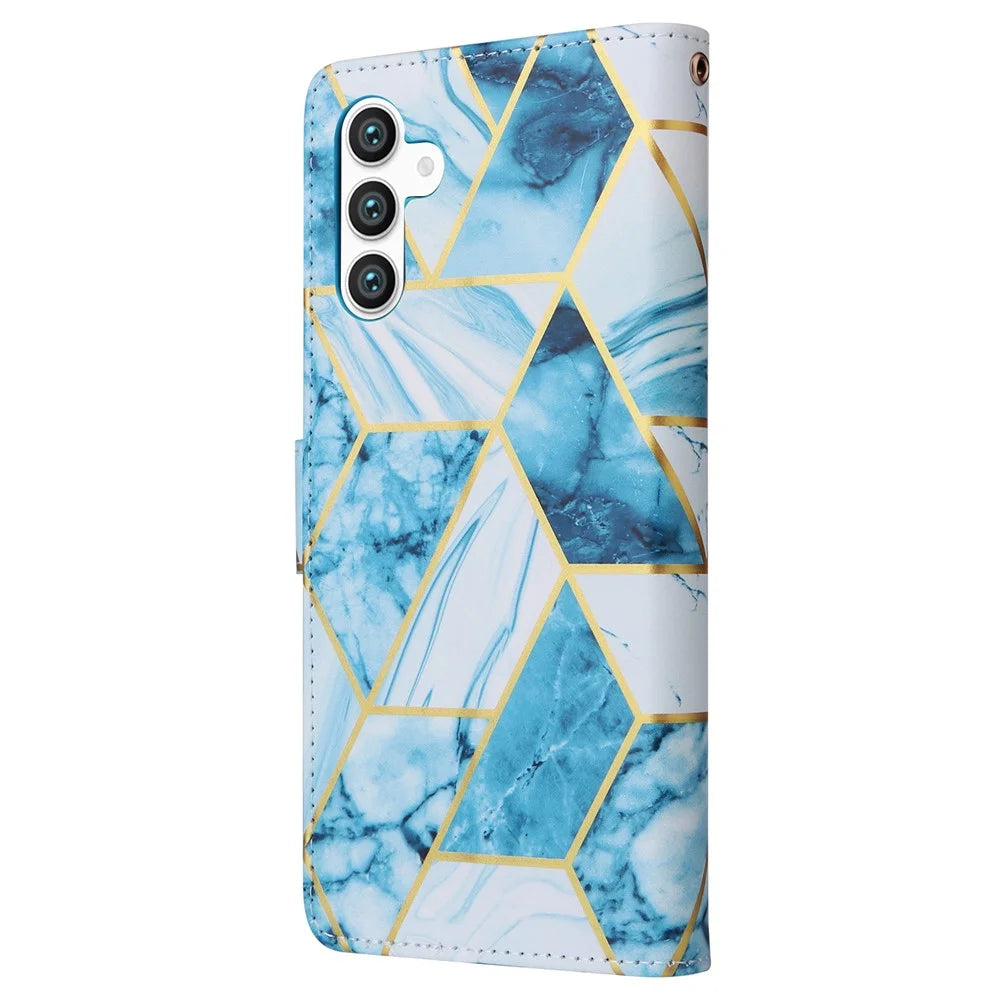 For Samsung Galaxy S24 Case PU Leather Marble Pattern Phone Wallet Cover - Blue - 7