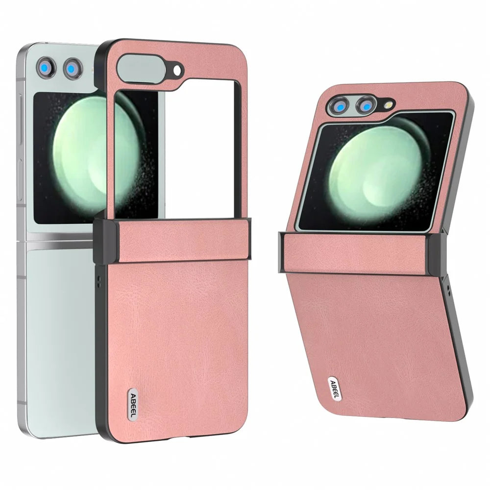 ABEEL For Samsung Galaxy Z Flip5 5G Case Retro Leather+PC Hinge Protection Phone Cover - Pink - 1