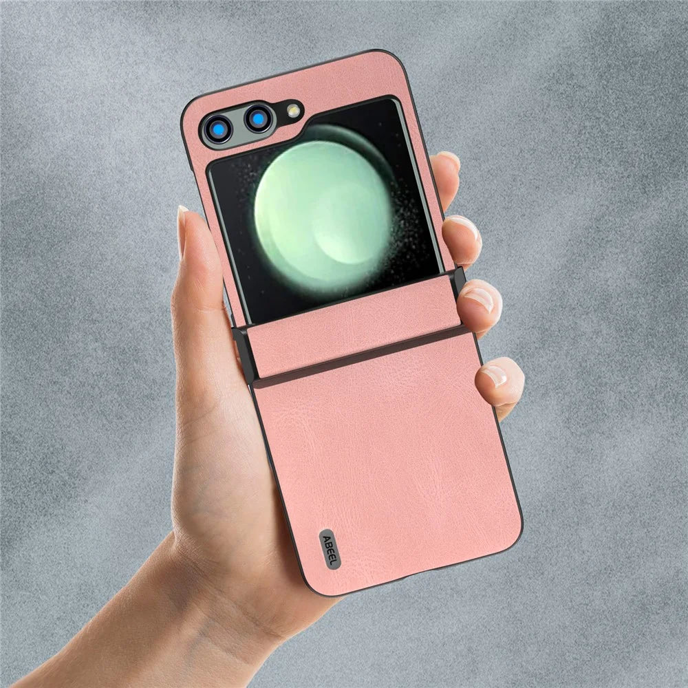 ABEEL For Samsung Galaxy Z Flip5 5G Case Retro Leather+PC Hinge Protection Phone Cover - Pink - 5