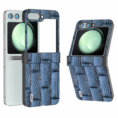 ABEEL For Samsung Galaxy Z Flip5 5G Case Mahjong Texture Genuine Cow Leather+PC Phone Cover - Blue - 1